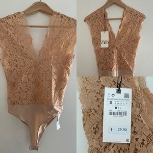 Zara pink/nude lace bodysuit, v-neck, stretchy